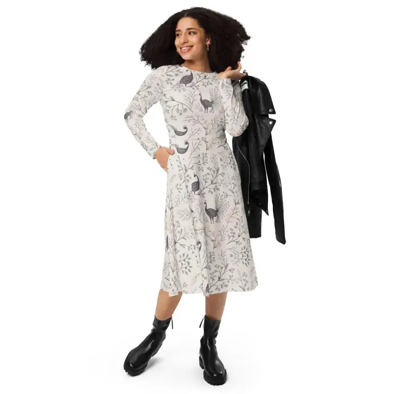 Purple Peacock Long Sleeve Midi Dress
