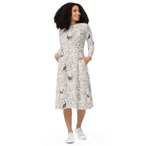 Purple Peacock Long Sleeve Midi Dress