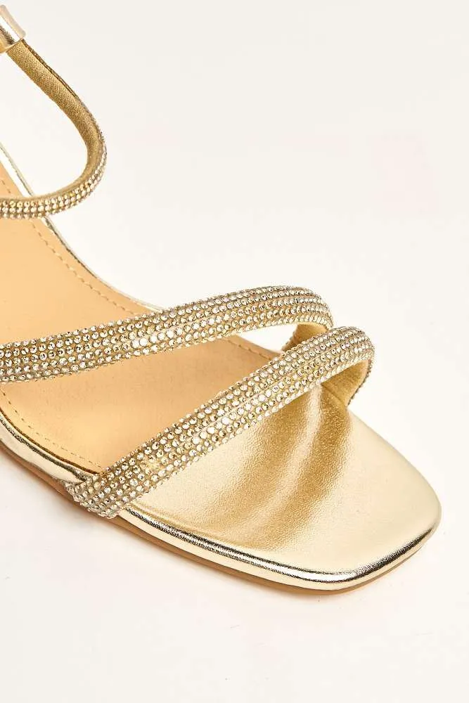 Silas Diamante Embellished Wide Fit Block Heel Sandals in Gold