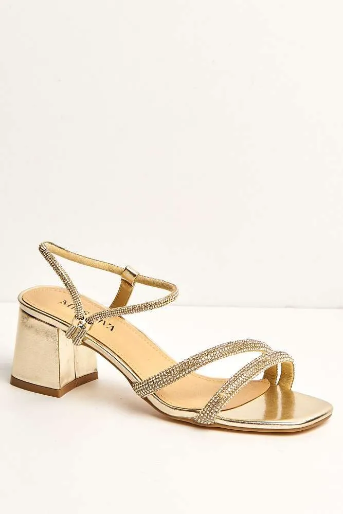 Silas Diamante Embellished Wide Fit Block Heel Sandals in Gold