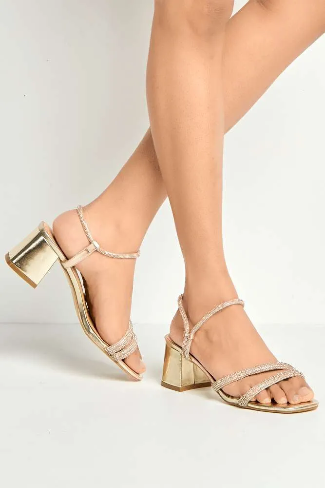Silas Diamante Embellished Wide Fit Block Heel Sandals in Gold