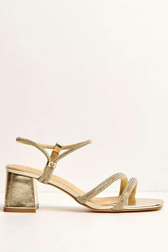 Silas Diamante Embellished Wide Fit Block Heel Sandals in Gold