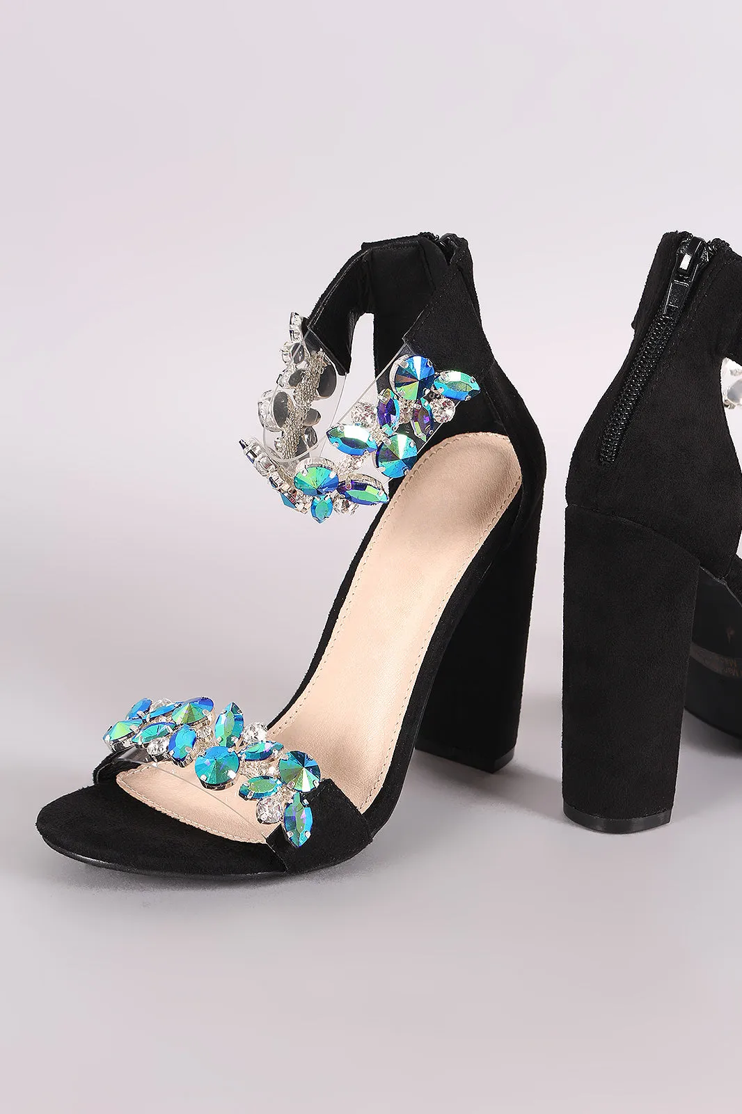 Suede Rhinestone Embellished Straps Open Toe Chunky Heel
