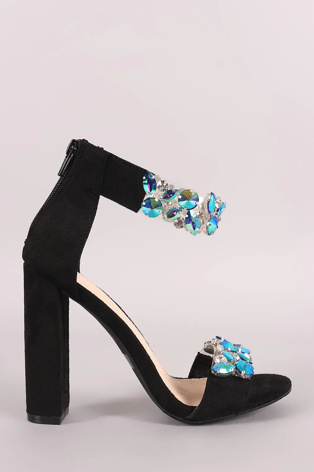 Suede Rhinestone Embellished Straps Open Toe Chunky Heel