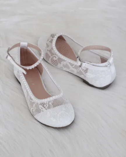 White Lace Ballet Flats with Mini Pearls and Ankle Strap