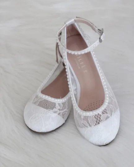 White Lace Ballet Flats with Mini Pearls and Ankle Strap