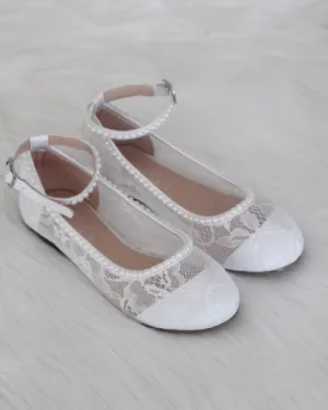 White Lace Ballet Flats with Mini Pearls and Ankle Strap