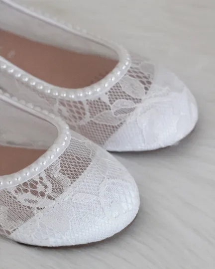 White Lace Ballet Flats with Mini Pearls and Ankle Strap
