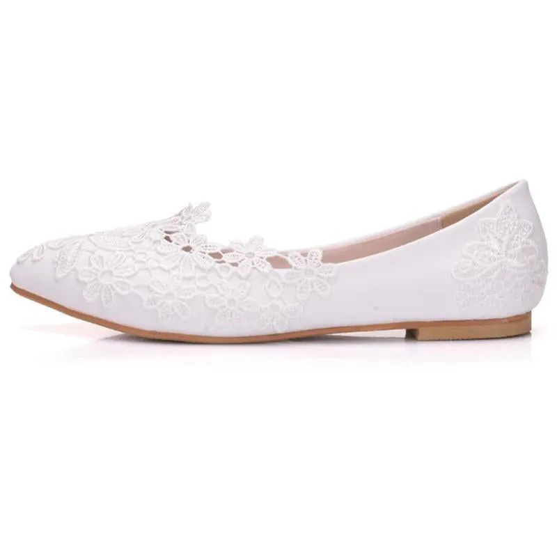 White Lace Wedding Shoes Women  Flowers Bride Shoes