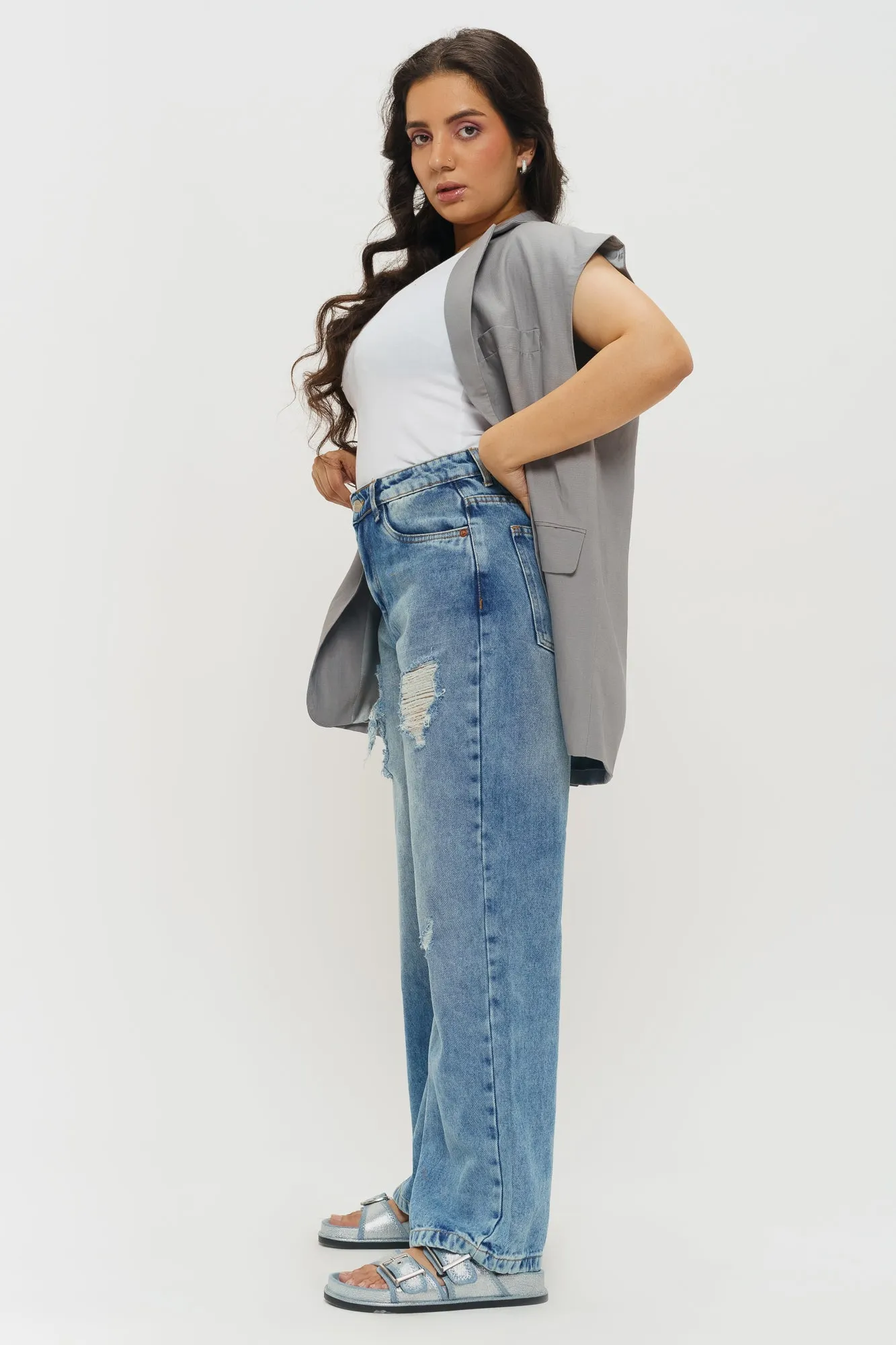 Windy Blue Distressed Wide Jeans