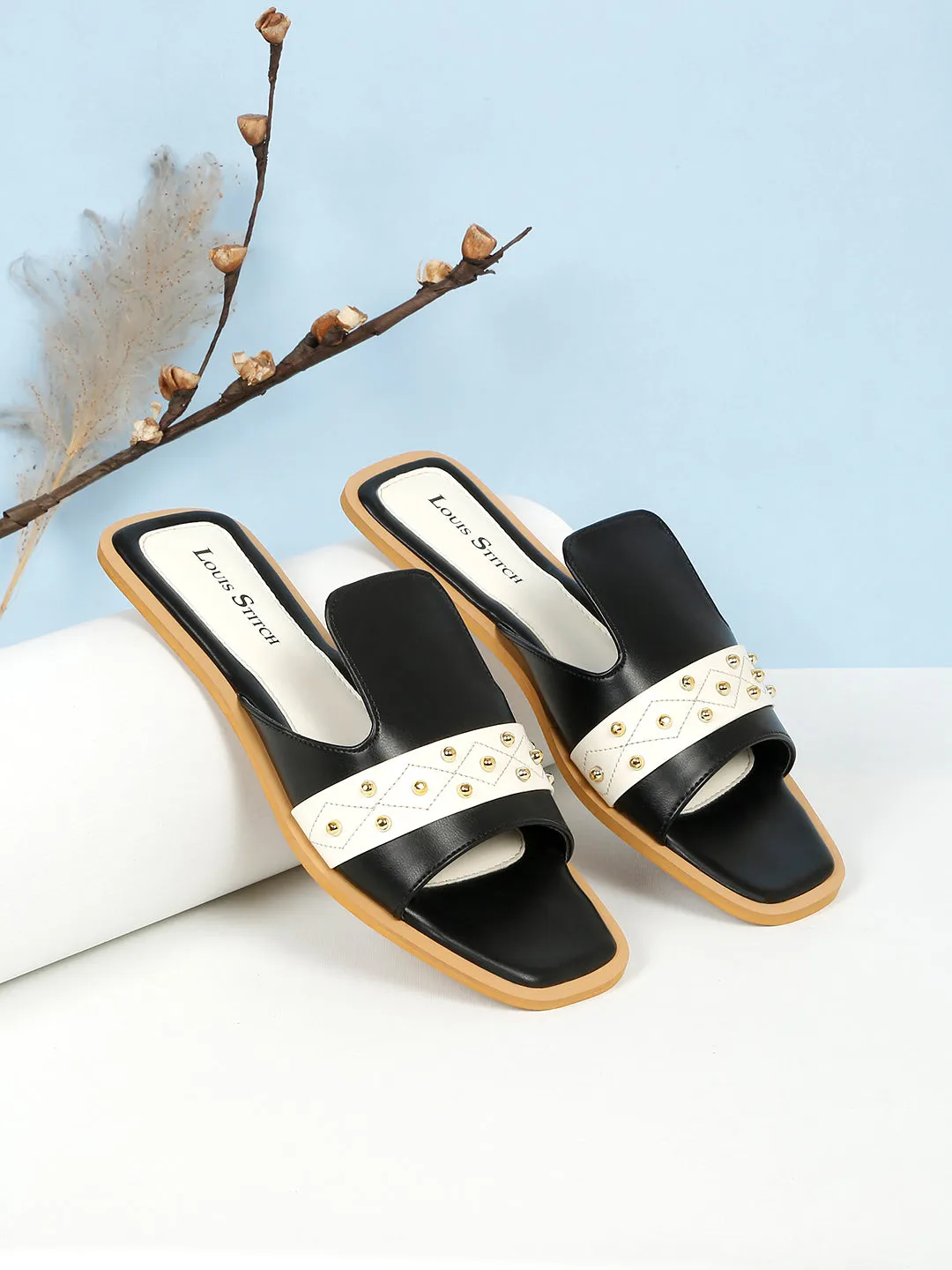 Women's Black Flat Fashion Beads Strap Lightweight Sandals